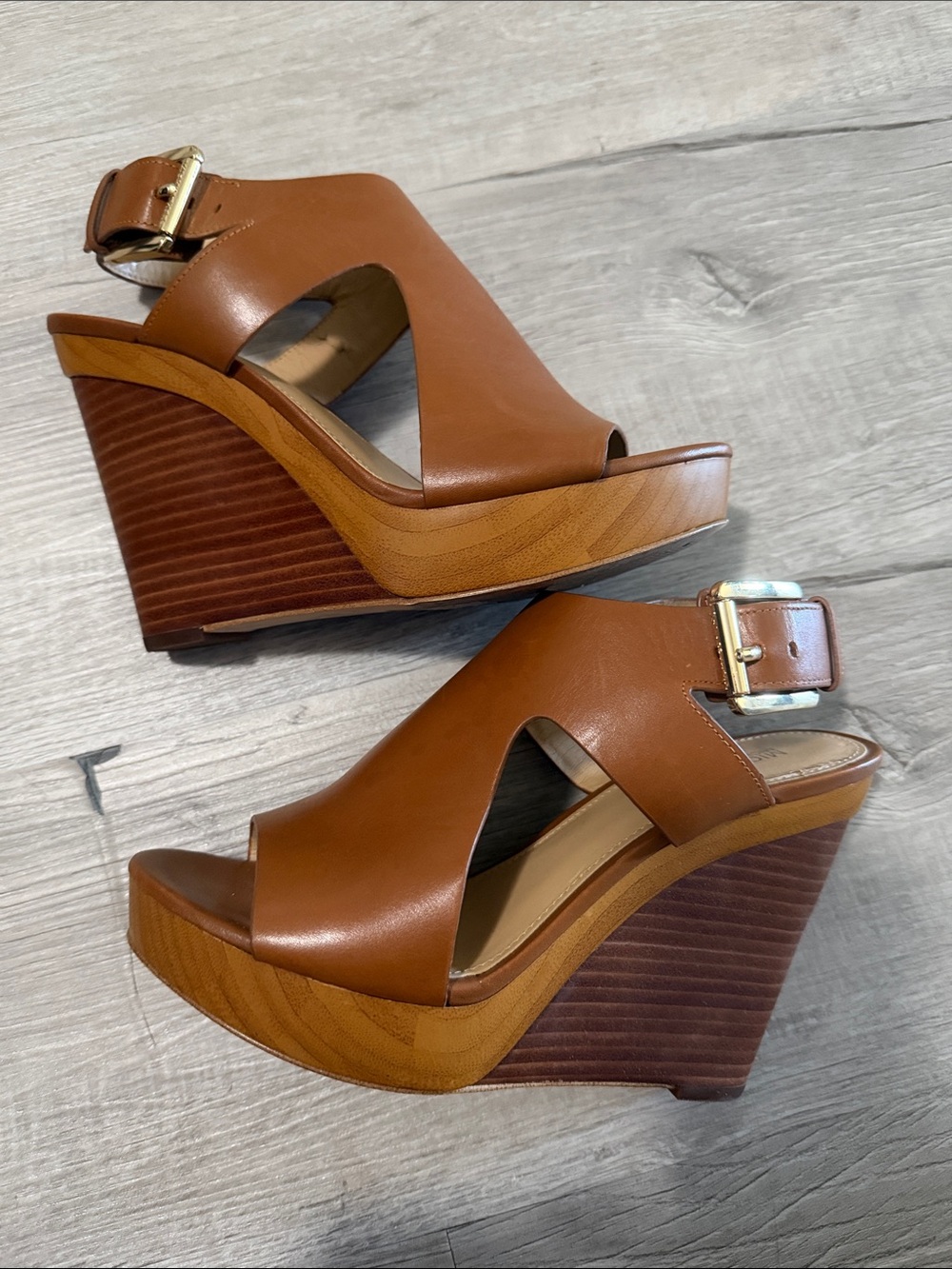 MICHAEL Michael Kors Tan Brown Leather Wedge Sandals